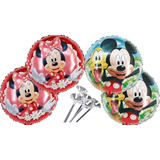6 Balão Metalizado Minnie Vermelha E Mickey 45cm Com Varetas