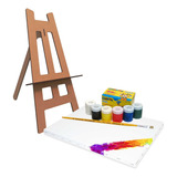 6 Kits De Pintura Em Tela Com Cavalete Tintas Pincel E Tela