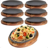 6 Pratos Raso Ferro Fundido 24 Cm Suporte Madeira Santana