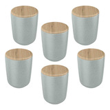 6x Porta Algodão Ceramica Cinza Ou Osaka C Tampa De Bambu