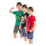 7 Conjunto Verão Kit Roupa Desenho Infantil Bermuda E Camisa