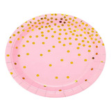 8 Pratinho De Papel Redondo Rosa Com Dourado 18cm