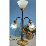 Abajur Mesa Enfeite Detalhado Base Bronze 3 Cupulas Vidro 