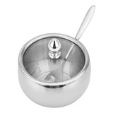Açucareiro Aço Inox Com Tampa De Vidro E Colher Prata 