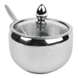 Açucareiro Em Aço Inox Com Tampa De Vidro E Colher Cozinha