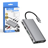 Adaptador Hub Divisor 10 Em 1 Tipo-c Usb 3.0 Vga Rj45 Hdmi Cartão Sd/tf Pd 4k Áudio P2 Lumi