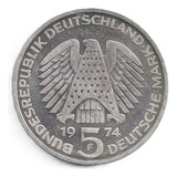 Alemanha 1 Moeda Antiga 5 Mark 1974 Prata Soberba 
