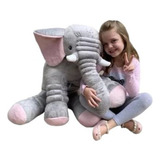 Almofada Elefante De Pelúcia Bebê Cinza Com Rosa 80cm