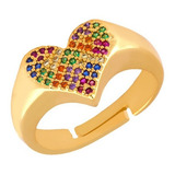 Anel Coração Pedras Coloridas Folheado Ouro 18k Namoro C358
