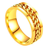 Anel Corrente Giratório Masculino Dourado Aliança Aço Inox