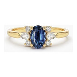 Anel De Safira Oval Azul Natural Em Ouro 18k Diamantes