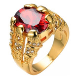Anel Dourado Masculino Homem Banhado Ouro 18k Pedra Vermelha