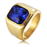 Anel Executivo Aço Dourado Pedra Cristal Azul Banhado A Ouro