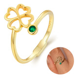 Anel Feminino Ajustável Trevo 4 Folhas Zircônia Verde Prata