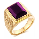 Anel Masculino Homem Banhado Ouro 18k Pedra Roxa Ametista
