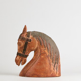 Antiga Escultura Cabeça Cavalo Bronze Madeira 32cm Altura