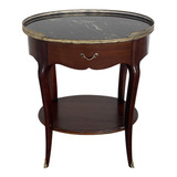Antiga Mesa Lateral Oval Madeira E Bronze Tampo Marmore