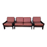 Antigo Jogo Sofa E Poltronas Madeira Nobre Maciça E Corino