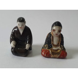 Antigo Par Bibelo Porcelana Mini Buda Monge Japones