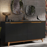 Aparador Buffet Sala Flow Com 4 Portas Pés Madeira Maciça Cor Preto/freijo