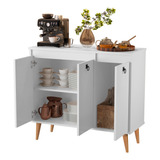  Armário Buffet Branco C/ 3 Portas E 4 Pés Palito Retrô