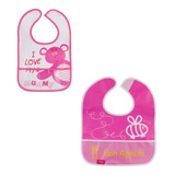 Babador Impermeável Bebê Menina Kit Com 2 Peças Modelo Abelhinha E Ursinha Lavável Fácil De Limpar Higiênico Cor Rosa Comtac Kids 1328