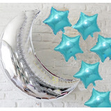 Balão Metalizado 1 Lua Grande,6 Estrelas Azul Claro De 25 Cm