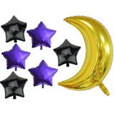  Balão Metalizado 1 Lua Grande/6 Estrelas Roxa, Preta Kitc/7