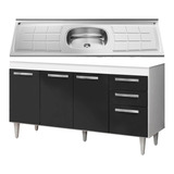 Balcão Gabinete Lisboa C/ Pia Inox 150cm 4 Pts Branco/preto 