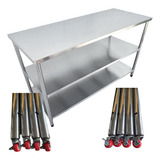 Bancada Inox Rodinhas 130x70 Mesa Com Rodizio 2 Prateleiras