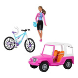 Barbie To Move Com Carro Jeep Rosa Bicicleta Capacete Mattel