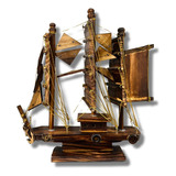 Barco Navio Decorativo 28 Cm - Madeira Maciça Marrom Montado