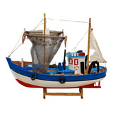 Barco Pesqueiro Decorativo Em Madeira 39 X 32 Cm 