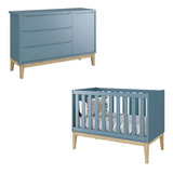 Berço Americano E Cômoda Infantil 1 Porta Classic Azul Com