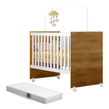 Berço Mini Cama Life Com Colchão Para Criança E Grade De Proteção Removível Para Quarto Infantil Menina E Menino Cor Branco Amadeirado