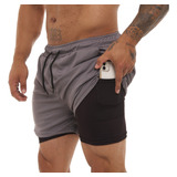 Bermuda 2 Em 1 Short Duplo Esportivo Com Bolso Academia Run 