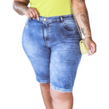 Bermuda Jeans Feminina Lycra Plus Marmorizada Cintura Alta