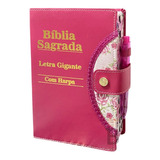Bíblia Sagrada Letra Gigante Harpa Pink Botão E Caneta