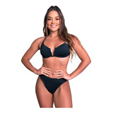 Biquíni Cropped Decote V Top Faixa Ripple Cintura Alta