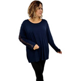 Blusa Bata Plus Size Manga Longa Malha Lisa Renda Na Manga