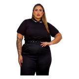 Blusa Blusinha Manga Curta Gola Pedraria Bordada 