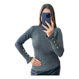 Blusa Cacharrel Feminina Lã Tricot Gola Alta Botões Manga