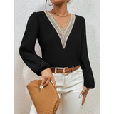 Blusa Camisa Feminina Renda Guipir Manga Lanterna Frida