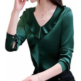 Blusa Camisa Feminina Social Babados Cetim Manga Longa Verde