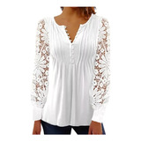 Blusa Camisa Manga Longa Renda Guipir Chiffon Bella Coffee