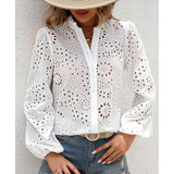 Blusa Camisa Manga Longa Renda Guipir Chiffon Bella