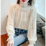 Blusa Camisa Manga Longa Renda Guipir Chiffon Bellare
