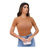 Blusa Camiseta Feminina Gola Alta Canelada Com Manga M Ao Gg
