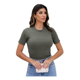 Blusa Camiseta Feminina Gola Alta Canelada Com Manga M Ao Gg