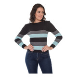 Blusa Casaquinho Tricot Suéter Feminino Listras Moda Casual